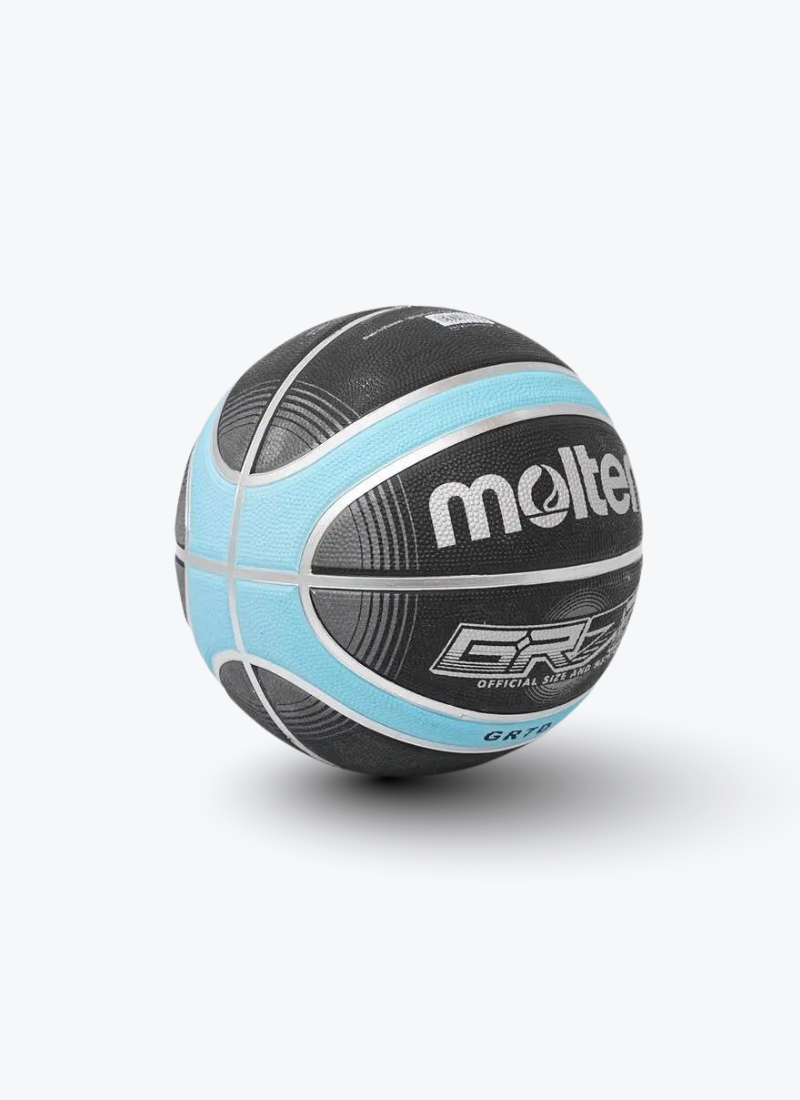 A Molten GR7D basketball in black, light blue, and white, shown on a clean light gray background with a soft shadow.