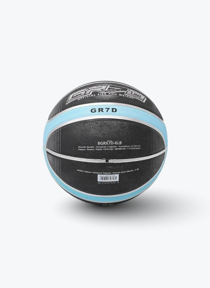 A Molten black basketball with light blue stripes and white text, including the model name 'GR7D', shown on a light gray background.