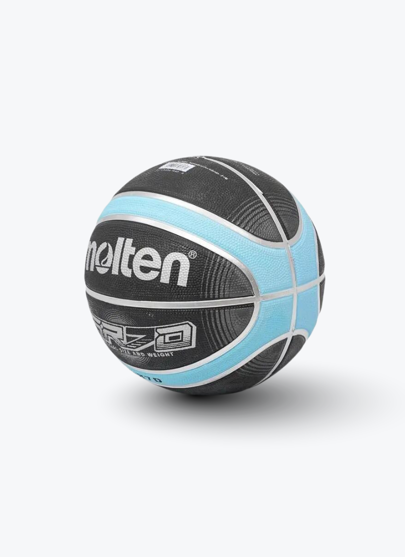 A Molten GR7D basketball with a black and light blue color scheme, shown on a clean white background with a soft shadow.