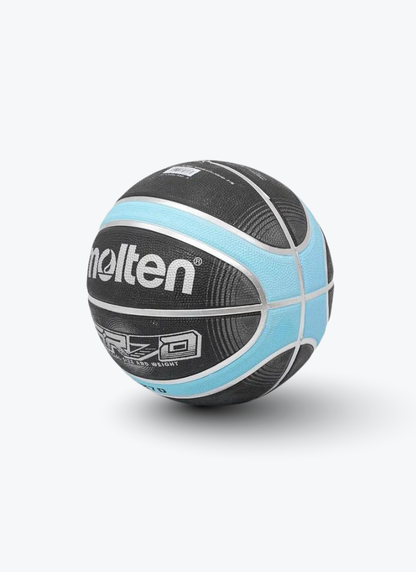 A Molten GR7D basketball with a black and light blue color scheme, shown on a clean white background with a soft shadow.