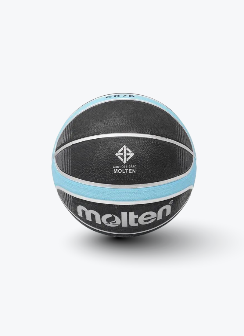 A Molten GR7D basketball with a black textured leather pattern, accented by light blue stripes and white branding details, shown on a light gray background.