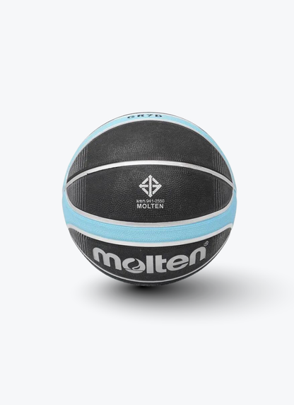 A Molten GR7D basketball with a black textured leather pattern, accented by light blue stripes and white branding details, shown on a light gray background.