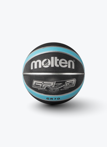 A Molten GR7D basketball in black with light blue stripes and white branding, shown on a light gray background with a soft shadow.