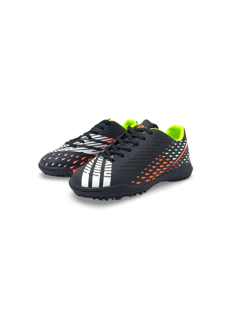 Pair of black Oryx kids' turf football shoes with white toe stripes, orange details and lime green lining, angled front view