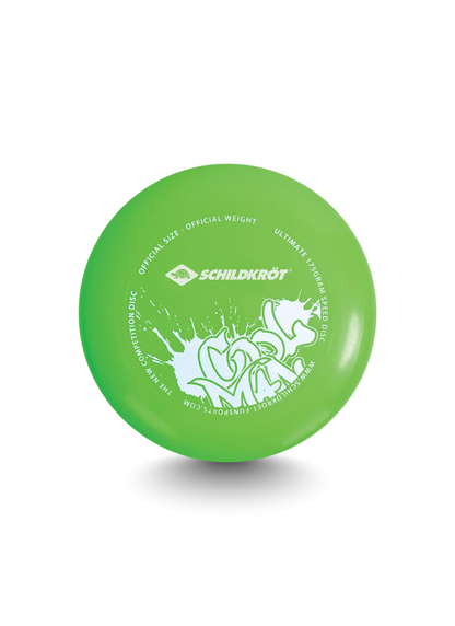Green Schildkröt Ultimate Speed Disc frisbee with white graffiti-style print and official size and weight text