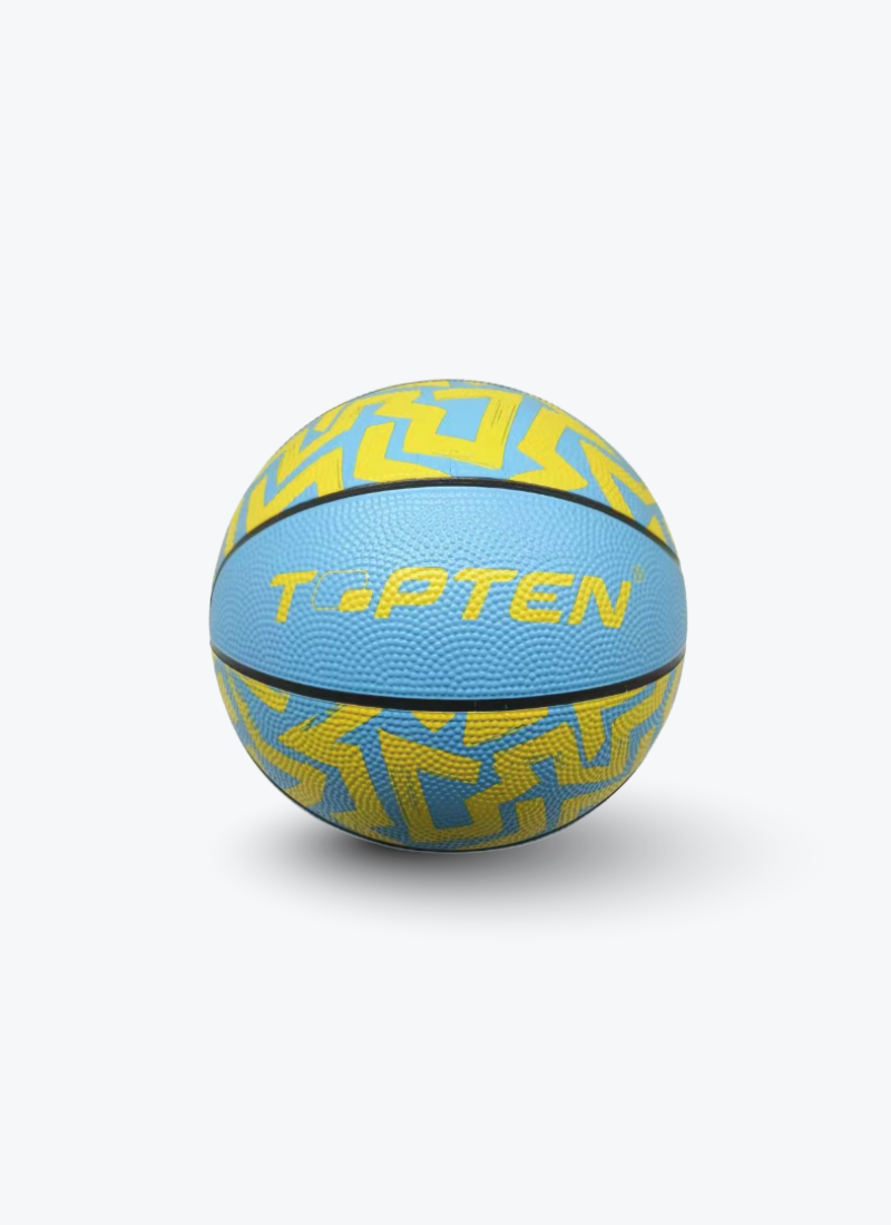 A light blue and yellow patterned basketball with the brand name 'TAPTEN' printed in yellow on the front, set against a clean white background.
