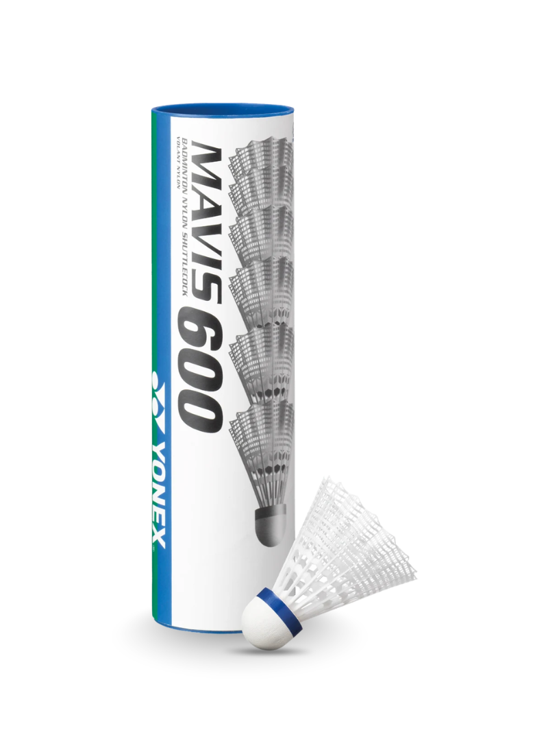 Yonex Mavis 600 nylon badminton shuttlecock tube, white shuttle with blue speed band, tube of 6.